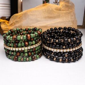 Boho Artisan Canyon Sky Green and Black Beaded Bracelet Set